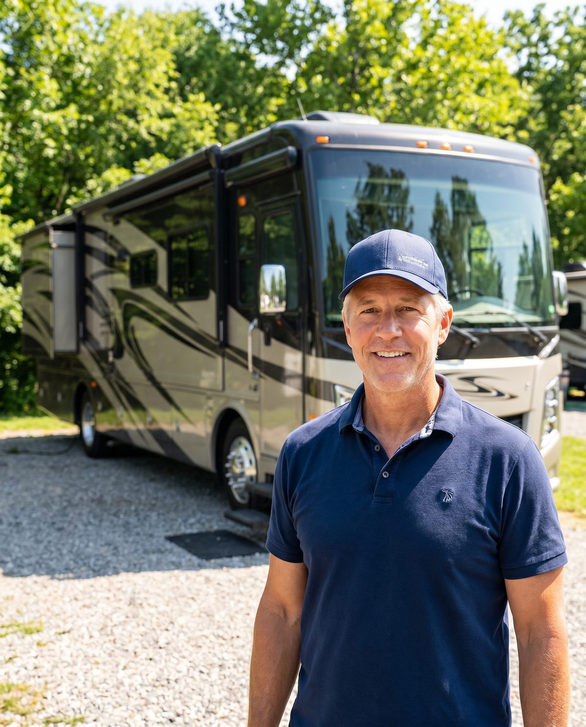 An RV owner relaxed at his campsite at dusk, motorhome parked behind him