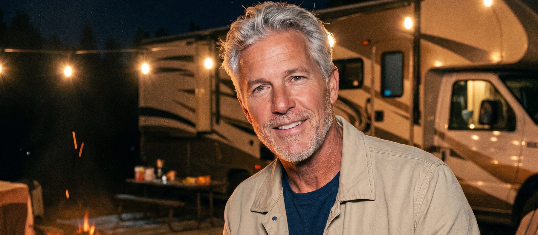 Ron at a campfire in front of his Class C motorhome — real RV owners, three generations of RV expertise
