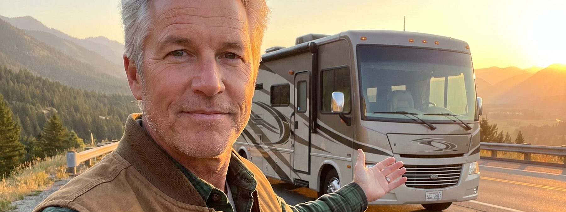 An RV on the open road at golden hour — protect the rig before the first big repair